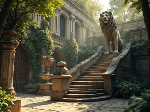 Granite, academic style, zoo, majestic lion statue, intricate stone carvings, ornate fountain, grand staircase, historic building, rusty iron gates, overgrown gardens, vines crawling up walls, natural