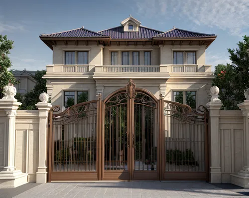 正视角度，欧式豪华建筑户外的庭院大门入口，白色背景,a house with white pillars and iron gate,sursock,mansion,mansions,front gate,bendemeer estates,woollahra,gated,landscape design sydney,toorak,luxury home,ornamental dividers,