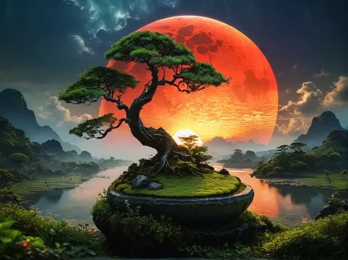 fantasy picture,bonsai tree,landscape background,fantasy landscape,bonsai,the japanese tree,nature background,tangerine tree,japanese garden ornament,lone tree,photo manipulation,nature wallpaper,isolated tree,oriental lantern,lonetree,tree of life,red lantern,fantasy art,taoist,world digital painting,Photography,General,Fantasy