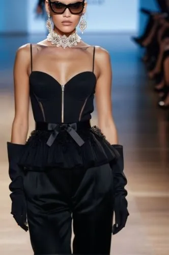 قماش و بنطلون اسود ,a model wearing sunglasses and black top on the runway,mugler,moschini,roitfeld,runway,moschino,catwalks