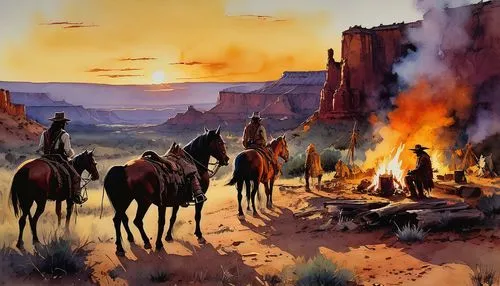 water color, landscape scenery of texas, 1800s, horse, indians, camp, fire, Palo Duro Canyon, the scene inspired from the movie: the good, the bad ang the urgly 1966,navajo,herdsmen,guards of the cany