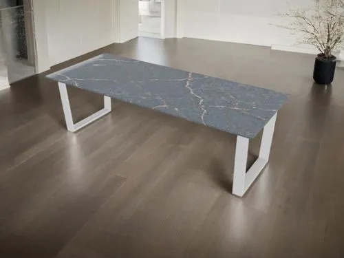 In this modern scene, the modern-day dining table in the dining room is depicted in a sleek, modern manner. The table's surface is covered in intricate geometric patterns, while the room is bathed in 