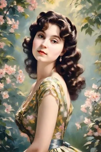 emile vernon,vintage woman,vintage female portrait,vintage floral,jasmine blossom,vintage girl,girl in flowers,magnolia,vintage flowers,jane austen,retro woman,portrait background,camellias,a beautiful jasmine,background ivy,retro pin up girl,fantasy portrait,vintage women,camellia,flora,Digital Art,Impressionism