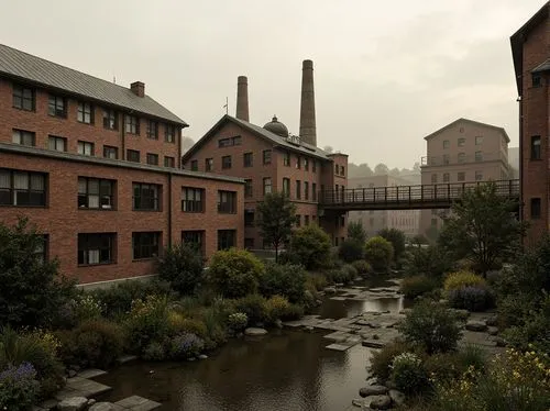 Industrial factory complex, rustic brick buildings, corrugated metal roofs, worn concrete walls, vintage machinery, abandoned chimneys, overgrown vegetation, wildflowers, meandering streams, misty atm