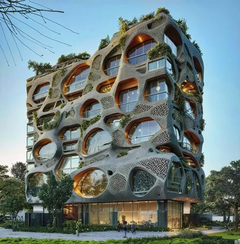 FACHADA DE PIEDRA LAJA,this unusual building has several plants growing on it,building honeycomb,cubic house,hotel w barcelona,honeycomb structure,interlace,bos javanicus,Photography,Artistic Photogra