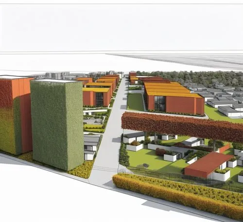 Quiero un render de un barrio urbano con edificios de apartamentos de alta densidad en color rojo, casas de densidad media en naranja y casas unifamiliares en zonas más bajas en color amarillo. sin pa