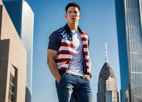 Devin Booker, NBA player, mature man, strong facial features, short hair, athletic build, casual wear, denim jeans, white sneakers, relaxed pose, leaning against a modern skyscraper, urban cityscape, 