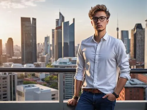 Young adult, male, bachelor of design in architecture, standing, confident pose, black framed glasses, short messy hair, casual facial expression, white shirt, dark blue jeans, brown leather belt, Adi