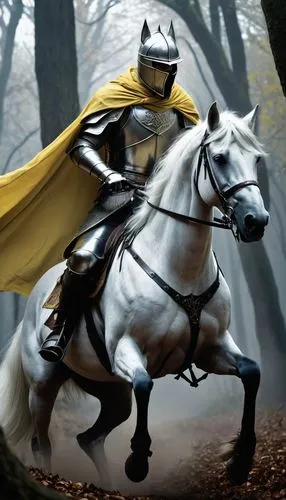 wolf knight, medieval armor, silver helmet, sharp fangs, piercing yellow eyes, long flowing white cape, intricate sword hilt, leather gloves, muscular legs, riding boots, majestic horse, galloping, mi