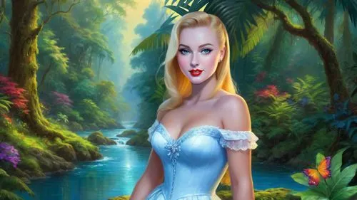 Romantic masterpiece oil painting, beautiful girl portrait, nostalgic 1950's style kitsch, vibrant rainforest landscape, lush tropical jungle paradise, beautiful natural scenery, lost wilderness, by T