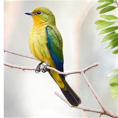 Bird, small, perched, green feathers, bright curious eyes, open beak, morning song, soft chirping sound, close-up, shallow depth of field, warm natural light, 3/4 composition, gentle branches, leafy b