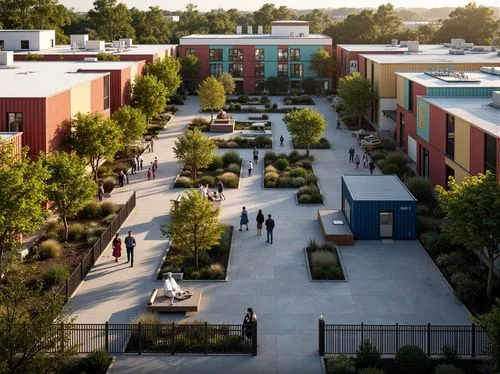 Rustic industrial landscape, shipping containers, paved courtyards, communal outdoor spaces, social housing units, modern architecture, minimalist design, green roofs, solar panels, urban gardens, com