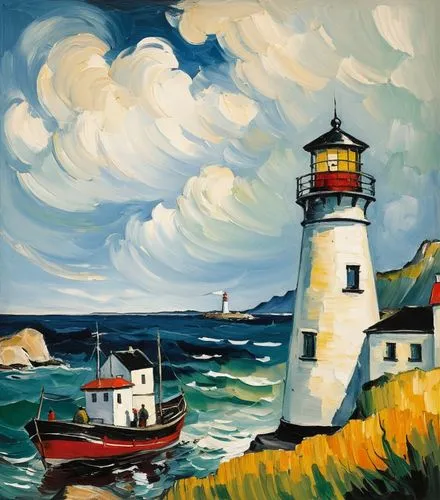 兩個漁夫在漁船上，經過遠方發亮的燈塔, 可愛,the picture of a lighthouse on the ocean,lighthouses,light house,lighthouse,monhegan,cape elizabeth,manomet,Art,Artistic Painting,Artistic Painting 37