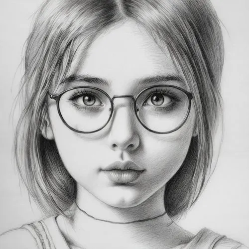 女生，黑白，素描,a drawing of a girl wearing glasses and staring at the camera,girl drawing,girl portrait,young girl,pencil drawings,pencil drawing,portrait of a girl,Illustration,Black and White,Black and Wh