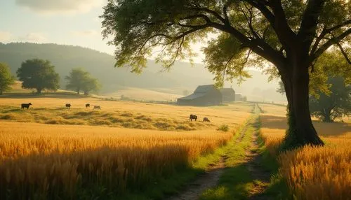 Rural scenery, integrating farmland into design, rolling hills, vast fields of golden wheat, green pastures with cows grazing, rustic barn in the distance, a winding dirt path, old oak tree providing 