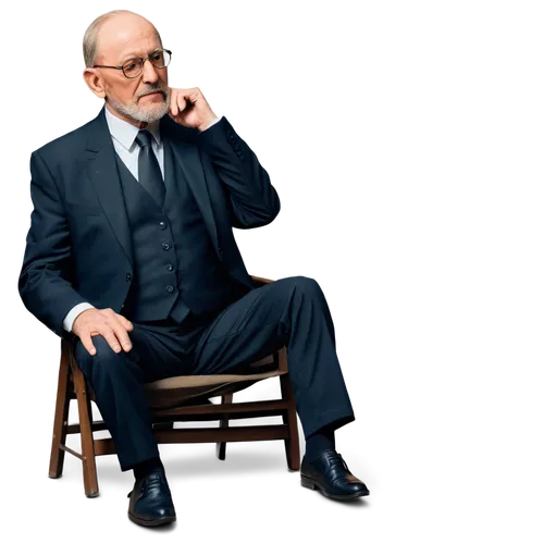 Old man, portrait photography, solo, (70yo), wrinkles, white beard, glasses, balding, formal wear, black suit, white shirt, black tie, sitting, relaxed posture, hands clasped, serious expression, natu