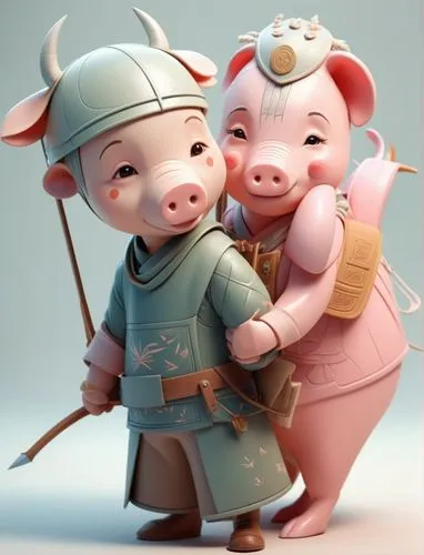 left man face off cow. right woman face off pig,a boy is hugging his pig while dressed as chinese man,mcdull,little pigs,cartoon pig,piglet,kawaii pig,pignataro,Conceptual Art,Sci-Fi,Sci-Fi 06