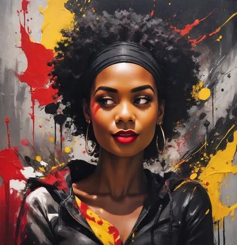 The image of black Woman with splashes of red, yellow and black paint, abstract art, vibrant colors, high contrast, modern art style, detailed features, dynamic composition, acrylic painting, high qua