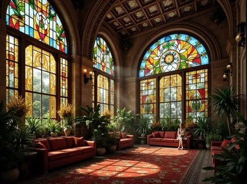 Intricate stained glass windows, ornate metal frames, lush botanical patterns, flowing organic lines, vibrant jewel-toned colors, soft diffused light, dramatic shading, luxurious textures, opulent fur