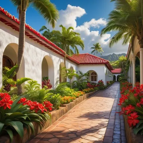 breezeway,florida home,palmilla,hacienda,bungalows,walkway,palmbeach,tropical house,mizner,front porch,patios,leprosarium,santa barbara,roof landscape,driveways,beautiful home,landscaping,mustique,landscaped,red roof,Illustration,Abstract Fantasy,Abstract Fantasy 17