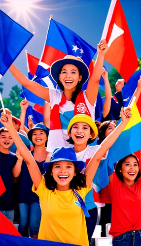 Excited crowd, cheering, stadium seats, varied faces, different ages, male and female, diverse clothing, colorful hats, waving flags, hands up in air, joyful expressions, bright smiles, afternoon sunl