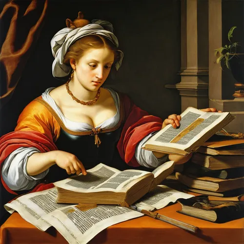 girl studying,blonde woman reading a newspaper,child with a book,librarian,meticulous painting,girl at the computer,women's novels,girl with cloth,bibliology,renaissance,library book,scholar,tutor,painting technique,reading,woman holding pie,woman playing,la nascita di venere,parchment,writing-book,Art,Classical Oil Painting,Classical Oil Painting 21