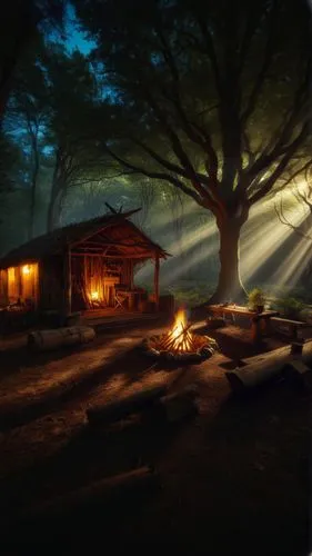 campfires,campsite,evening atmosphere,the cabin in the mountains,log cabin,night scene,campfire,house in the forest,log home,campground,wooden hut,home landscape,log fire,fantasy picture,camp fire,lan