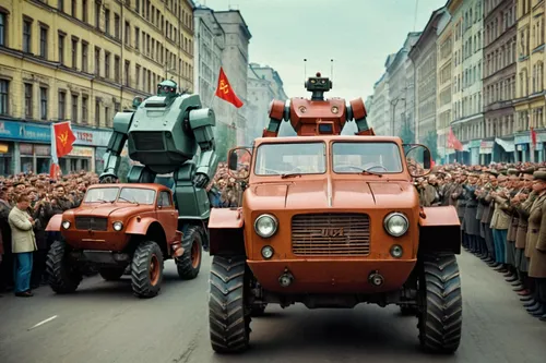 masterpiece, ultra quality, HDR, Soviet giant robots like uaz car, Soviet Union in 1970, at the city, many soviet people, all happy, parade,gaz-53,parade,victory day,ural-375d,magirus-deutz,artillery 