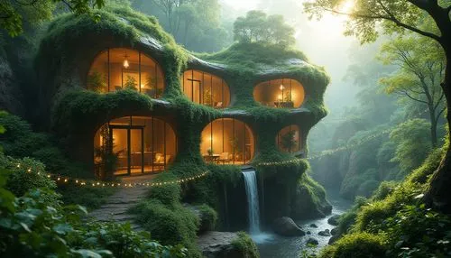 Surrealistic fusion of architecture and nature, futuristic eco-friendly building, blending seamlessly into lush green forest, vines crawling up walls, windows resembling waterfalls, iridescent glass, 