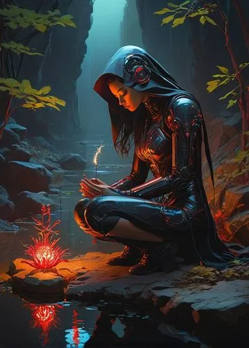 campfire,halloween wallpaper,digital painting,cg artwork,world digital painting,fire artist,fantasy picture,halloween illustration,halloween background,offering,fallen petals,autumn theme,wishing well,digital art,digital illustration,fantasy art,rusalka,fantasy portrait,illuminate,meditation,Illustration,Realistic Fantasy,Realistic Fantasy 16