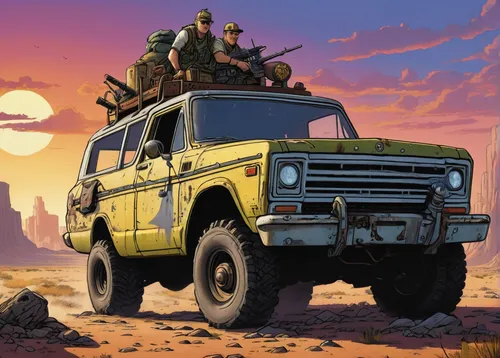 In a post-apocalyptic world, Gunner Foxx embarks on a quest to find a mythical artifact.,isuzu trooper,toyota land cruiser,uaz patriot,uaz-452,snatch land rover,uaz-469,mercedes-benz g-class,land-rove