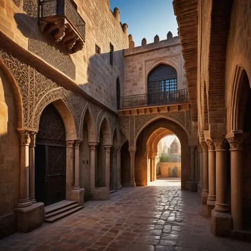 Spanish medieval architecture, grand castle, stone walls, Gothic arches, stained glass windows, ornate carvings, Moorish influences, intricate patterns, Islamic geometry, rusted iron gates, cobbleston