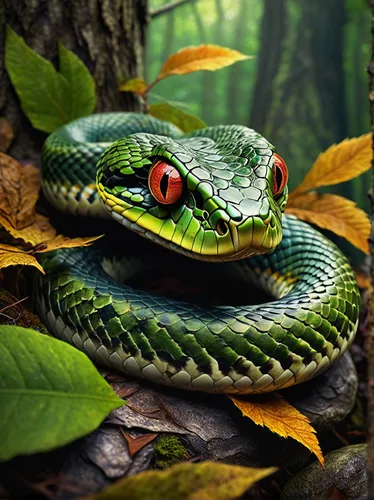 green tree snake,green snake,african house snake,tree snake,grass snake,garter snake,boa constrictor,green tree python,common garter snake,smooth greensnake,green mamba,rat snake,western terrestrial garter snake,pointed snake,red tailed boa,venomous snake,sharptail snake,rock python,reptiles,constrictor,Illustration,Abstract Fantasy,Abstract Fantasy 09