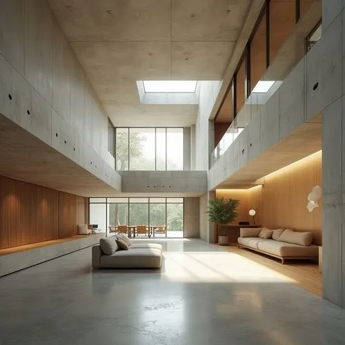 Modern building interior, exposed thermal mass, concrete walls, polished floors, minimalist decor, natural ventilation, clerestory windows, high ceilings, open spaces, passive cooling systems, radiant