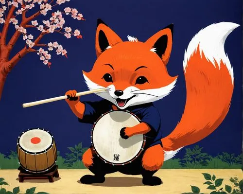 traditional japanese musical instruments,garden-fox tail,bamboo flute,shakuhachi,bongo drum,erhu,red panda,musician,banjo,shamisen,drumming,banjo player,percussionist,bansuri,xylophone,small drum,little fox,bongos,drum,toy drum,Illustration,Japanese style,Japanese Style 11