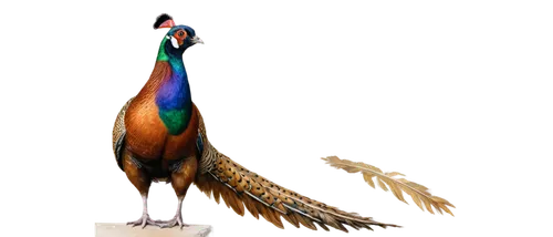 Pheasant, male, vibrant plumage, iridescent feathers, green head, red face, golden brown body, long tail, perched, looking up, detailed textures, soft lighting, shallow depth of field, 3/4 composition