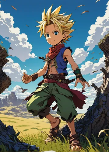 boy, Gau character from Final Fantasy VI, wild hair, feral pose, torn clothes, barefoot, standing on Veldt grassland, game-style rendering, vibrant colors, dynamic action pose, expressive face, intens