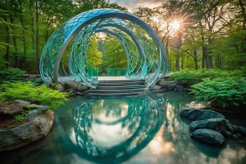 Crystal bridges, futuristic architecture, shimmering crystal pillars, transparent glass flooring, intricate lattice patterns, grand arches, majestic entrance, misty atmosphere, mystical ambiance, soft