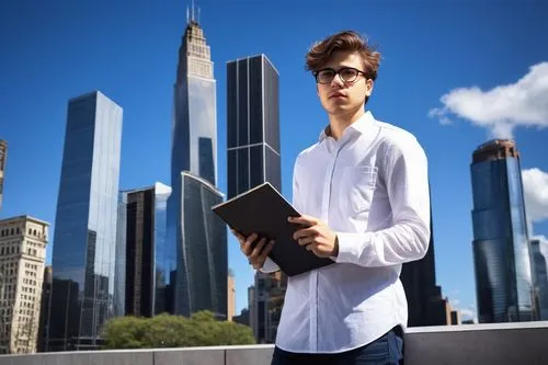 Young male, bachelor of architectural design, UWS university student, casual wear, white shirt, dark jeans, sneakers, messy brown hair, black framed glasses, holding a large portfolio, standing in fro