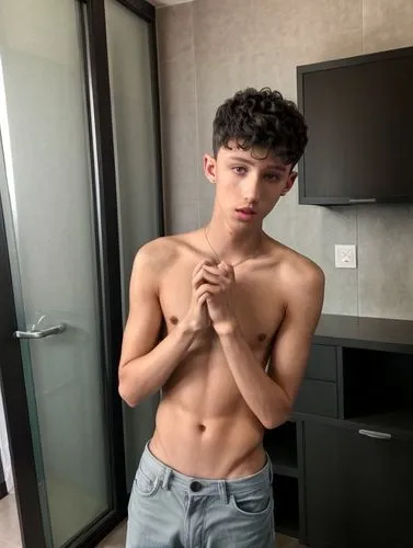 troye sivan, buzz cut, low fade, short hair, youth adult, xs, man, black hair, uhd, 4k, hyper realistic,detailed hands ,detailed eyes,detailed hair,shirtless,hotel room,hotelroom,hotel man,abs,lukas 2