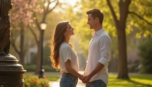 Bronze statue, romantic campus scene, warm afternoon sunlight, gentle breeze, lush greenery, flowers blooming around, intricately designed bronze pedestal, ornate details, elegant lines, subtle textur