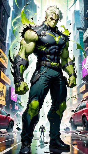 A realistic full-body portrayal of a male superhero inspired by the Hulkling character. He is depicted as a strong, muscular young man with a green skin tone, indicating his alien hybrid nature. His c