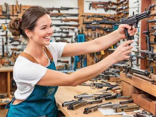 A dedicated gunsmith perfecting trigger mechanisms.,gunsmith,woman holding gun,drill presses,fasteners,riveting machines,establishing a business,girl with gun,heat guns,switchboard operator,rivet gun,