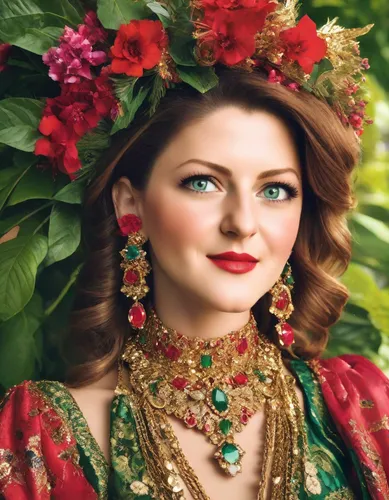 Extravagant fashion portrait of a woman wearing vibrant attire adorned with floral prints, vivid reds, and greens. Accessorized with gem-encrusted bold gold necklaces and oversized ruby earrings. Stri