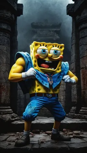 SpongeBob SquarePants, Mortal Kombat character, muscular build, orange skin, blue pants, white belt, iconic square pants, enthusiastic facial expression, bloody scars, worn-out gloves, intense gaze, d