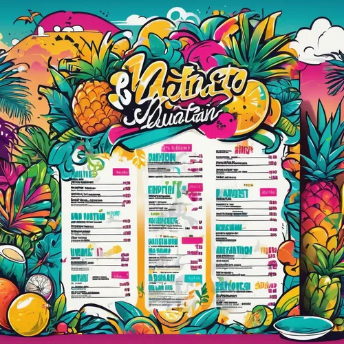 Design a vibrant and colorful menu for a tropical-themed restaurant with playful illustrations.,mexican calendar,tropical floral background,timetable,ibiza,flyer,catalog,menu,tropical digital paper,ma