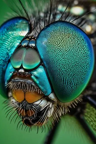 Microscopic view, dragonfly eyes, compound eyes, thousands of individual lenses, intricate details, metallic blue-green color, delicate hairs, shiny exoskeleton, magnified 1000x, laboratory setting, P