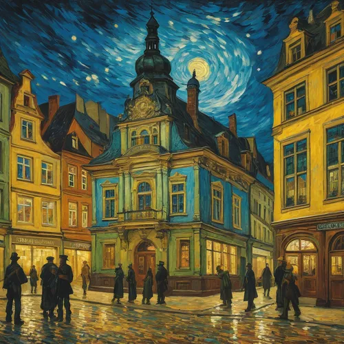 night scene,vincent van gogh,vincent van gough,dresden,post impressionism,hamelin,bremen,nyhavn,david bates,bremen town musicians,bamberg,street scene,freiburg,blue hour,prague,delft,blauhaus,the cobbled streets,motif,at night,Art,Artistic Painting,Artistic Painting 03