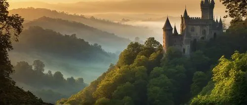 Ancient castle, stone turret, Gothic style, intricate carvings, grandiose, majestic, pointed roof, narrow windows, ivy climbing walls, mysterious atmosphere, misty morning, medieval era, European land