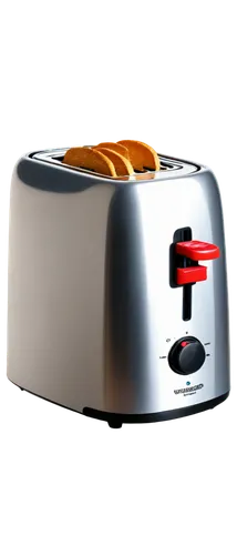 Toaster, kitchen appliance, shiny metal body, rounded edges, silver color, glowing red buttons, toast pop-up mechanism, cord rewind, compact size, 3/4 composition, warm lighting, soft focus, isolated 